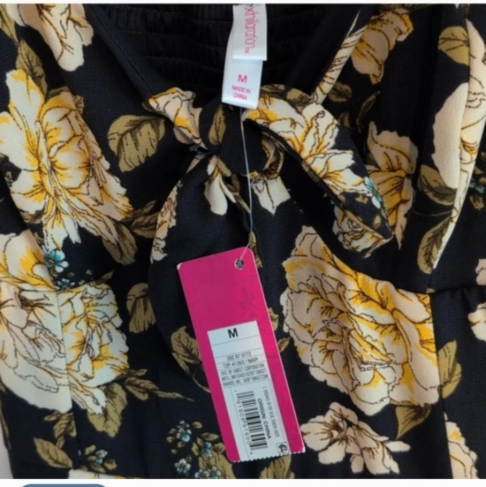 NWT Spring Navy Blue Jumpsuit with Yellow-Gold Floral print Slit - Picture 6 of 14